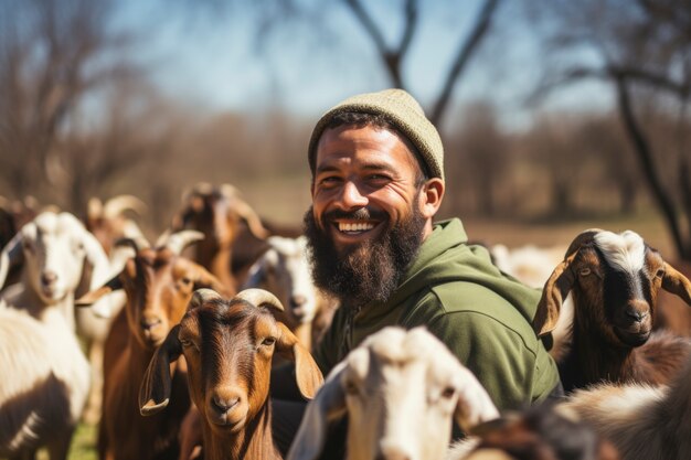 Farmer taking care of photorealistic goat farm