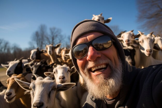Farmer taking care of photorealistic goat farm