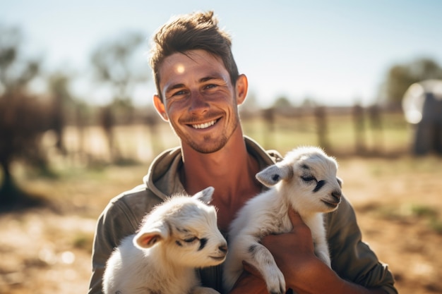 Free photo farmer taking care of photorealistic goat farm