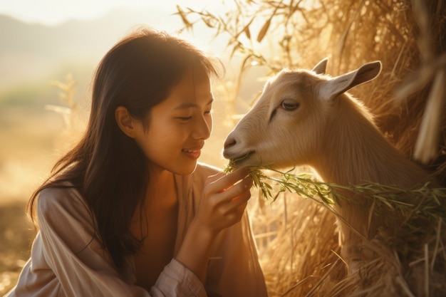 Free photo farmer taking care of photorealistic goat farm