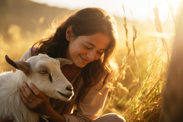 Foto gratuita un agricoltore che si prende cura di un allevamento di capre fotorealistico