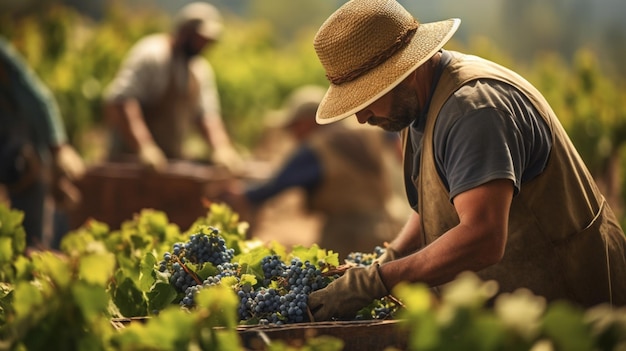 Foto gratuita agricoltori che raccolgono uva da vino stagione della raccolta