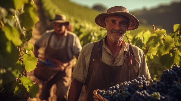 Foto gratuita agricoltori che raccolgono uva da vino stagione della raccolta