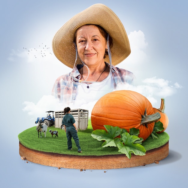 Foto gratuita concetto di agricoltura con zucca e capre