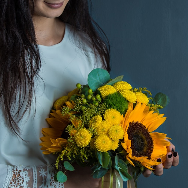 Fashion autumn bouquet with yellow combination of flowers