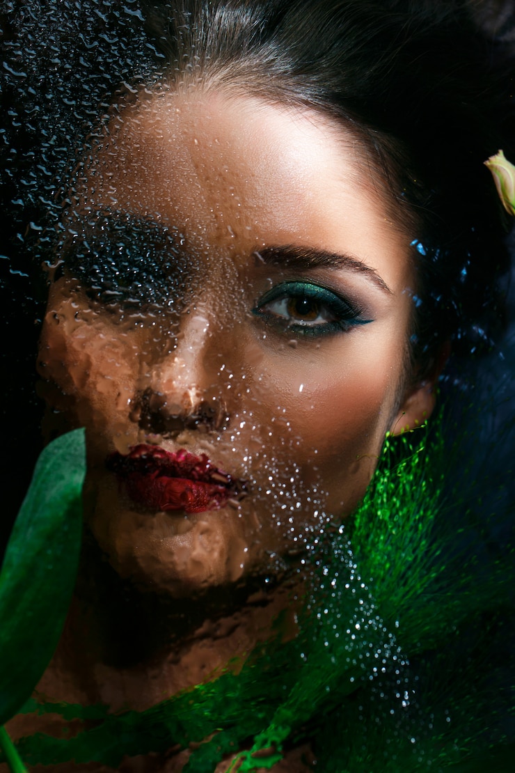 Free Photo fashion beautiful girl with bright make up among flowers.