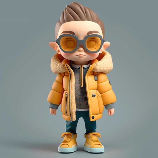 A fashion boy with a yellow jacket and blue pants
