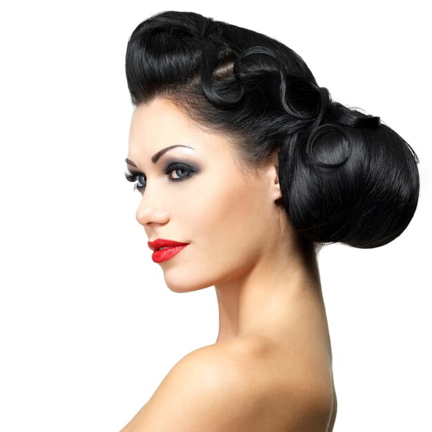 Fashion woman with beauty hairstyle and red lipstick