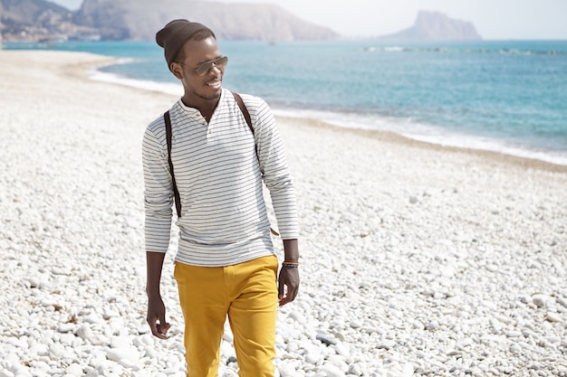 Fashionable young African American tourist smiling happily watching dolphins playing in ocean during morning walk along urban pebble beach