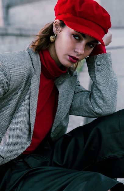 Free photo fashionable young woman with red cap looking at camera