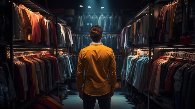 Fast fashion concept with man in clothing store