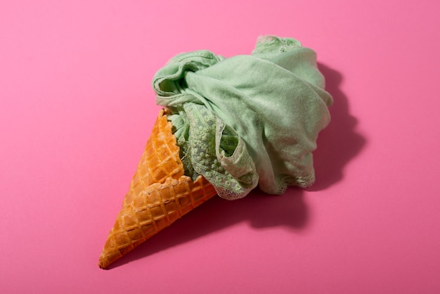 Fast fashion concept with materials and textiles disguised as ice cream