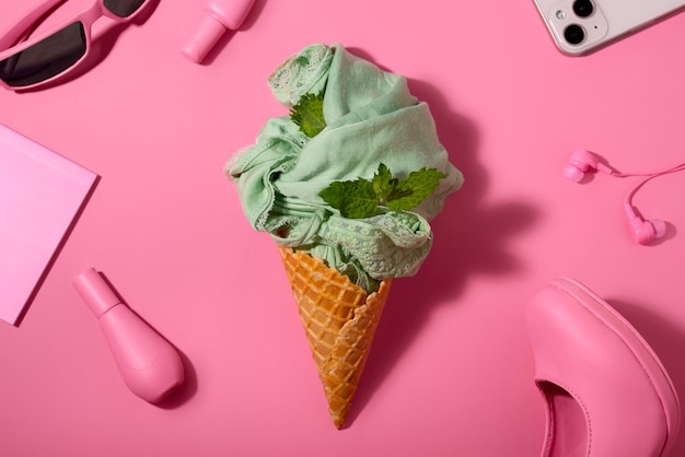 Fast fashion concept with materials and textiles disguised as ice cream