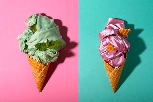 Fast fashion concept with materials and textiles disguised as ice cream