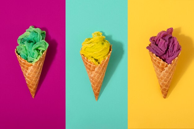 Fast fashion concept with materials and textiles disguised as ice cream