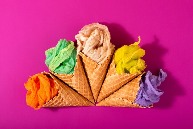 Fast fashion concept with materials and textiles disguised as ice cream