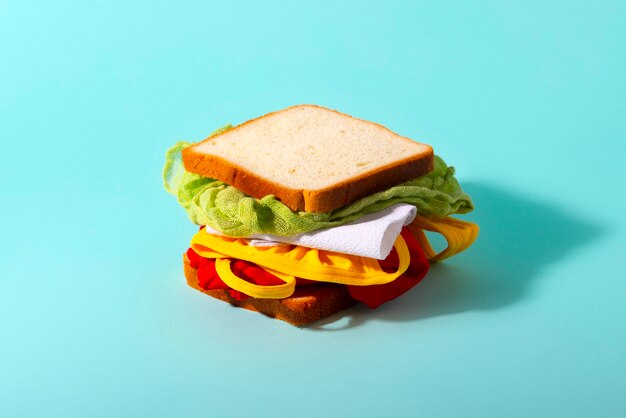 Fast fashion concept with materials and textiles disguised as sandwich