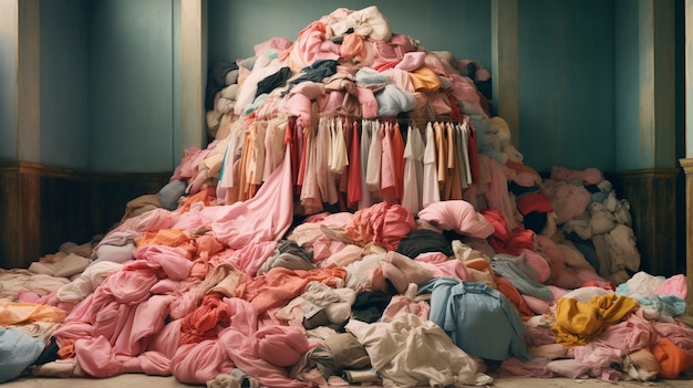 Fast fashion concept with piles of clothes