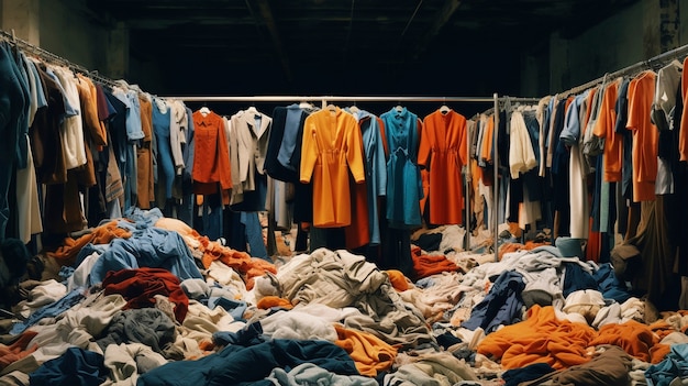 Fast fashion concept with piles of clothes