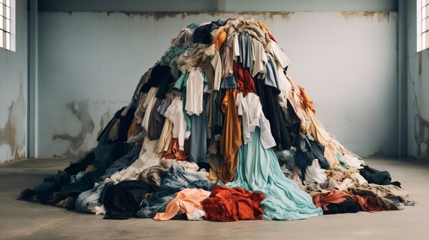 Fast fashion concept with piles of clothes