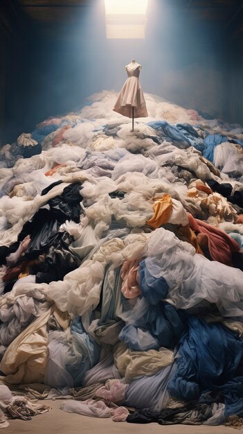 Fast fashion concept with piles of clothes