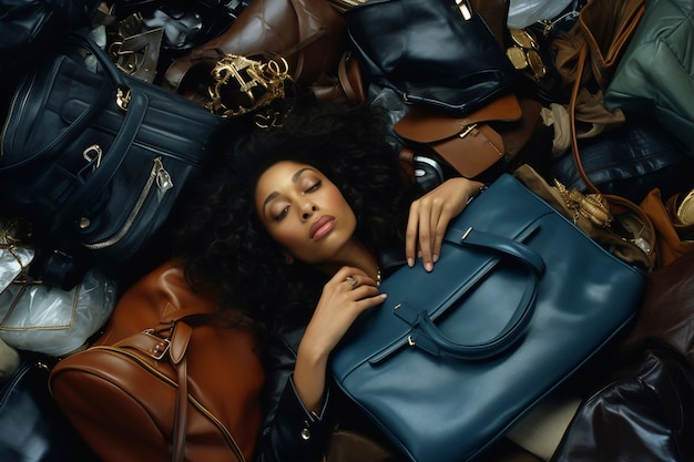 Free photo fast fashion concept with woman on piles of bags