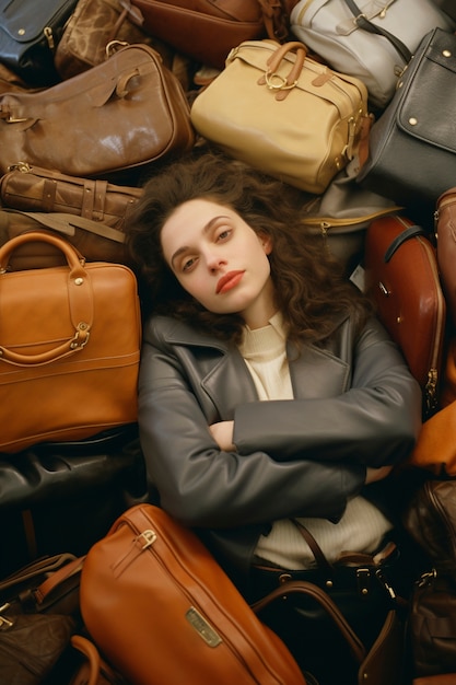 Fast fashion concept with woman on piles of bags