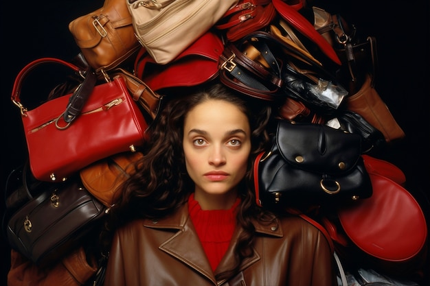 Fast fashion concept with woman on piles of bags