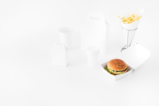 Fast food; disposal cup and food parcel mock up on white backdrop