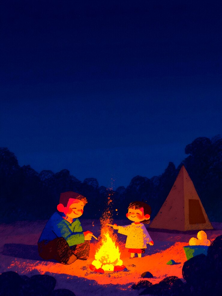 Free Photo father and child camping by a bonfire at night