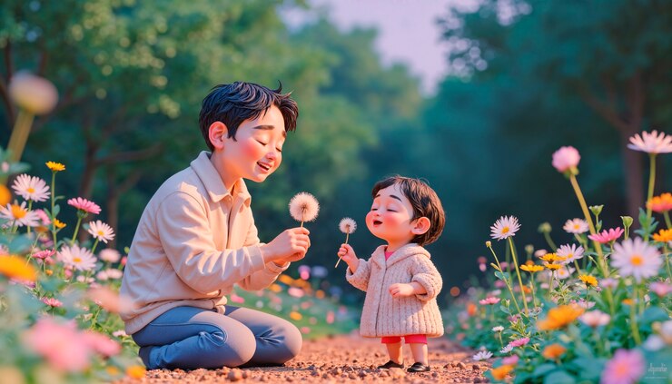 무료 Photo 아버지 와 자녀 가 꽃 정원 에서 사탕수수 를 가지고 놀고 있다