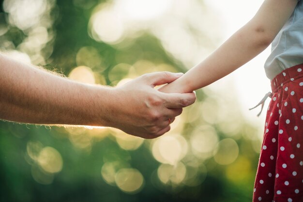 Father and daughter holding hands close up