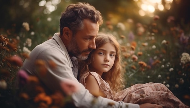 Free photo father embraces daughter both smiling in nature generated by ai