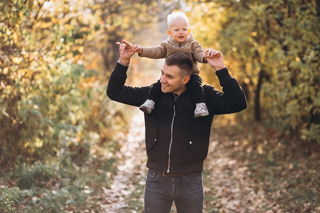 Foto gratuita padre che tiene suo figlio nel parco