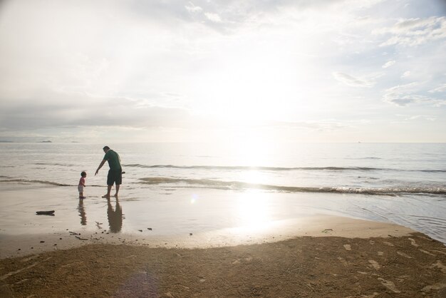 Father playing with his son on the shore