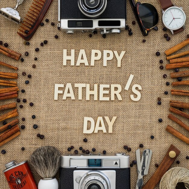 Father's day composition with cinnamon sticks and decorative items