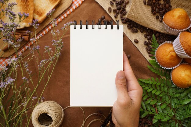 Father's day composition with delicious breakfast and blank notebook