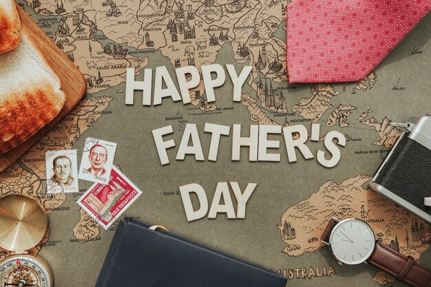 Father's day composition with stamps and other decorative items