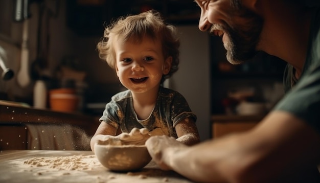 Father and son bond making dough happily generated by AI