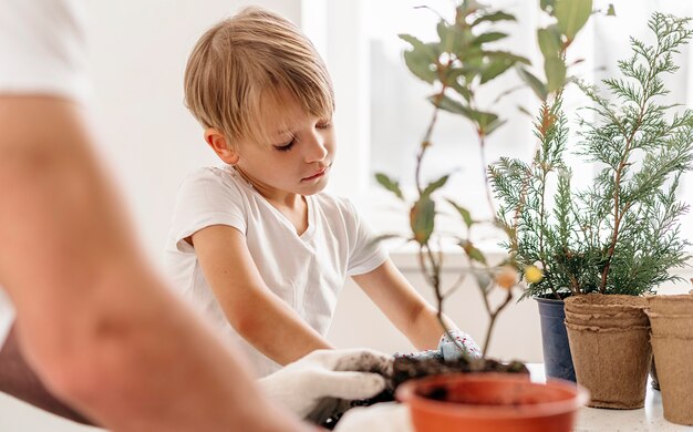 Father and son planting plants together at home