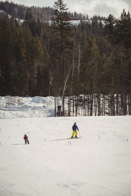아버지와 아들이 눈 덮인 알프스에 스키