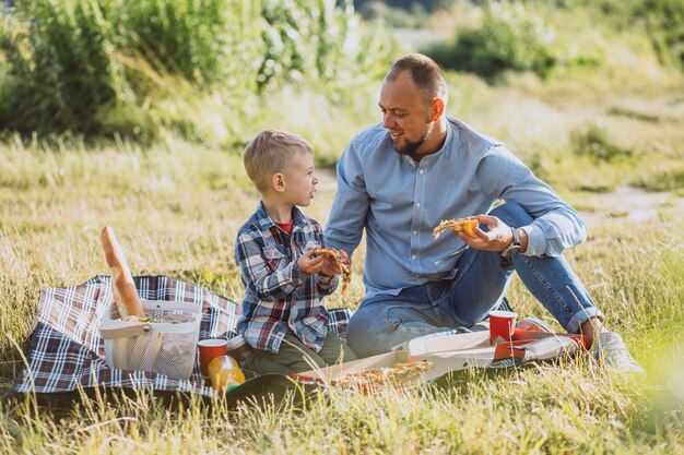 公園でピクニックを持つ息子を持つ父
