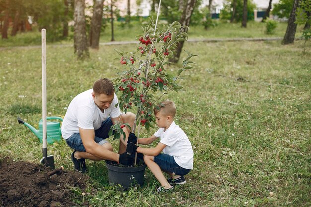 幼い息子を持つ父は庭に木を植えています