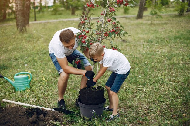 幼い息子を持つ父は庭に木を植えています