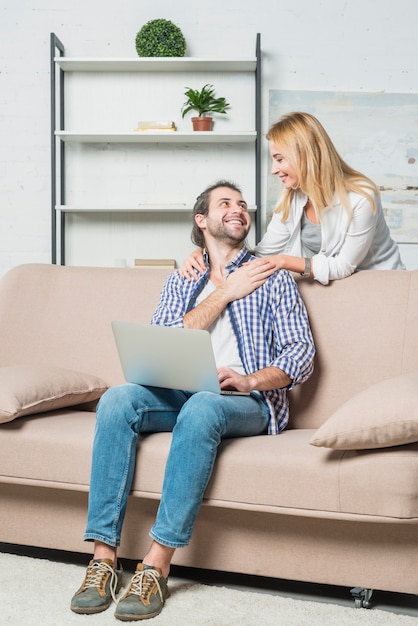 Father working with laptop