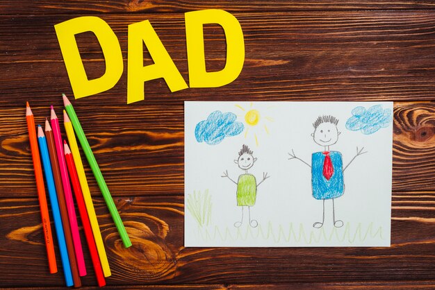 Fathers day composition with kids drawing