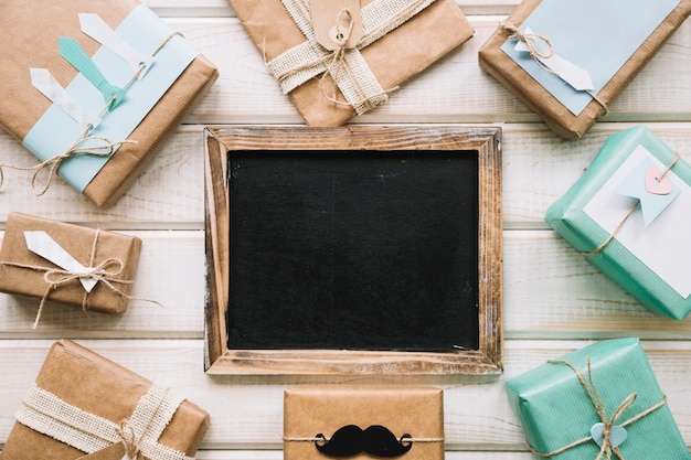 Fathers day composition with slate and presents