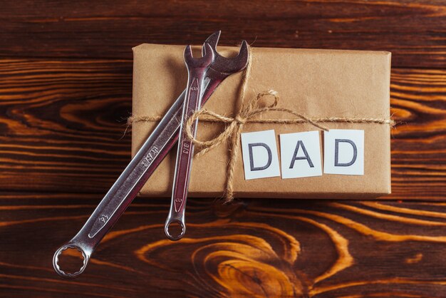 Fathers day composition with tools on box