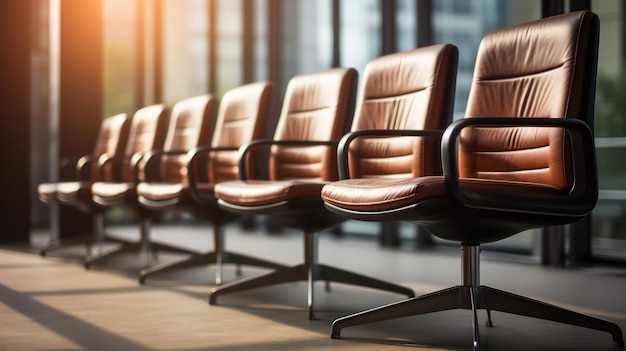 Free photo featuring a row of empty office chairs in a modern meeting room