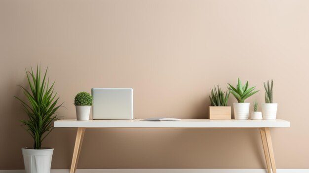 Featuring a white desk a green plant and plenty of natural light this is a minimalist home office